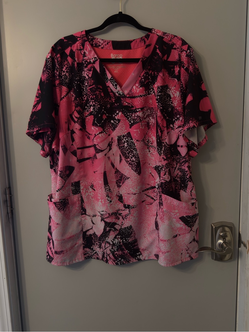 Barco Uniforms Pink & Black Abstract V-Neck Scrub top